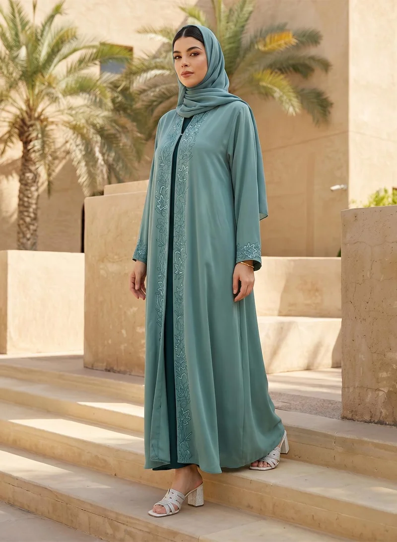Embroidered Open Abaya With Sheila