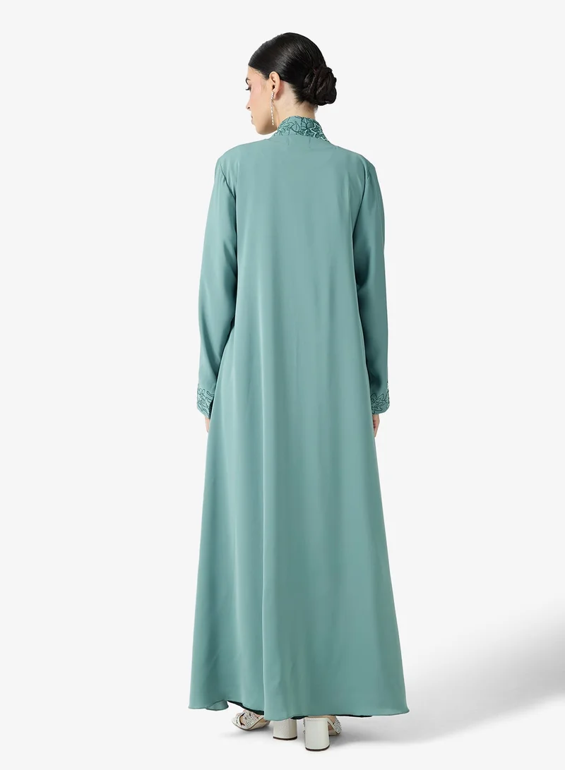 Embroidered Open Abaya With Sheila