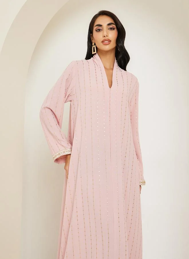 Women Foil Print Jalabiya with Lace Sleeve