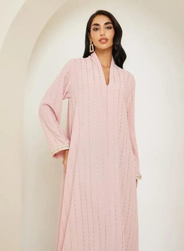 Women Foil Print Jalabiya with Lace Sleeve – image 2