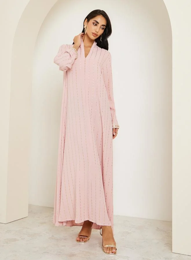 Women Foil Print Jalabiya with Lace Sleeve
