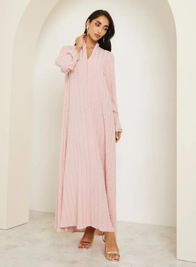 Women Foil Print Jalabiya with Lace Sleeve – image 3