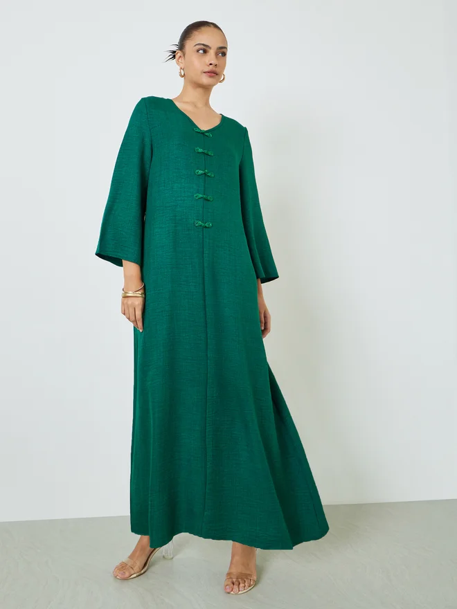 Styli Dark Green V Neck Jalabiya with Decorative Buttons