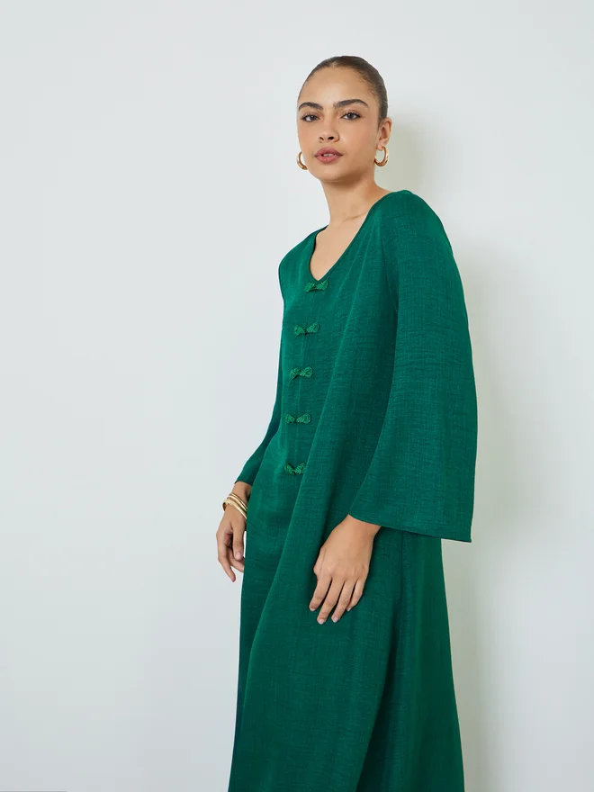 Styli Dark Green V Neck Jalabiya with Decorative Buttons