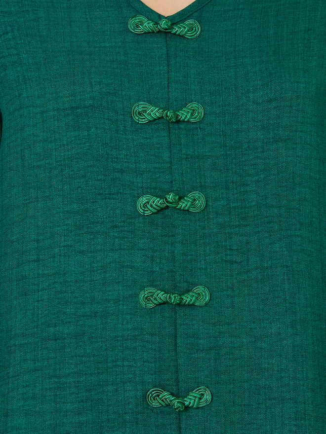 Styli Dark Green V Neck Jalabiya with Decorative Buttons