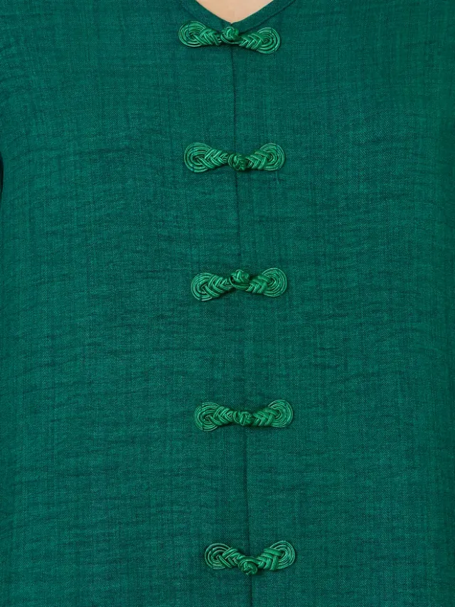Styli Dark Green V Neck Jalabiya with Decorative Buttons – image 3