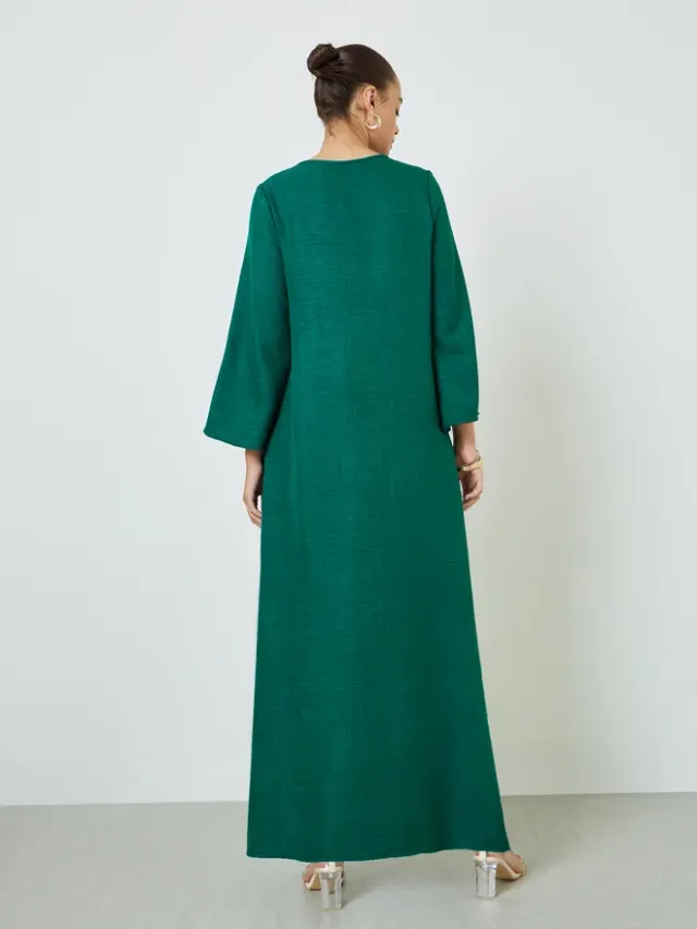 Styli Dark Green V Neck Jalabiya with Decorative Buttons – image 4