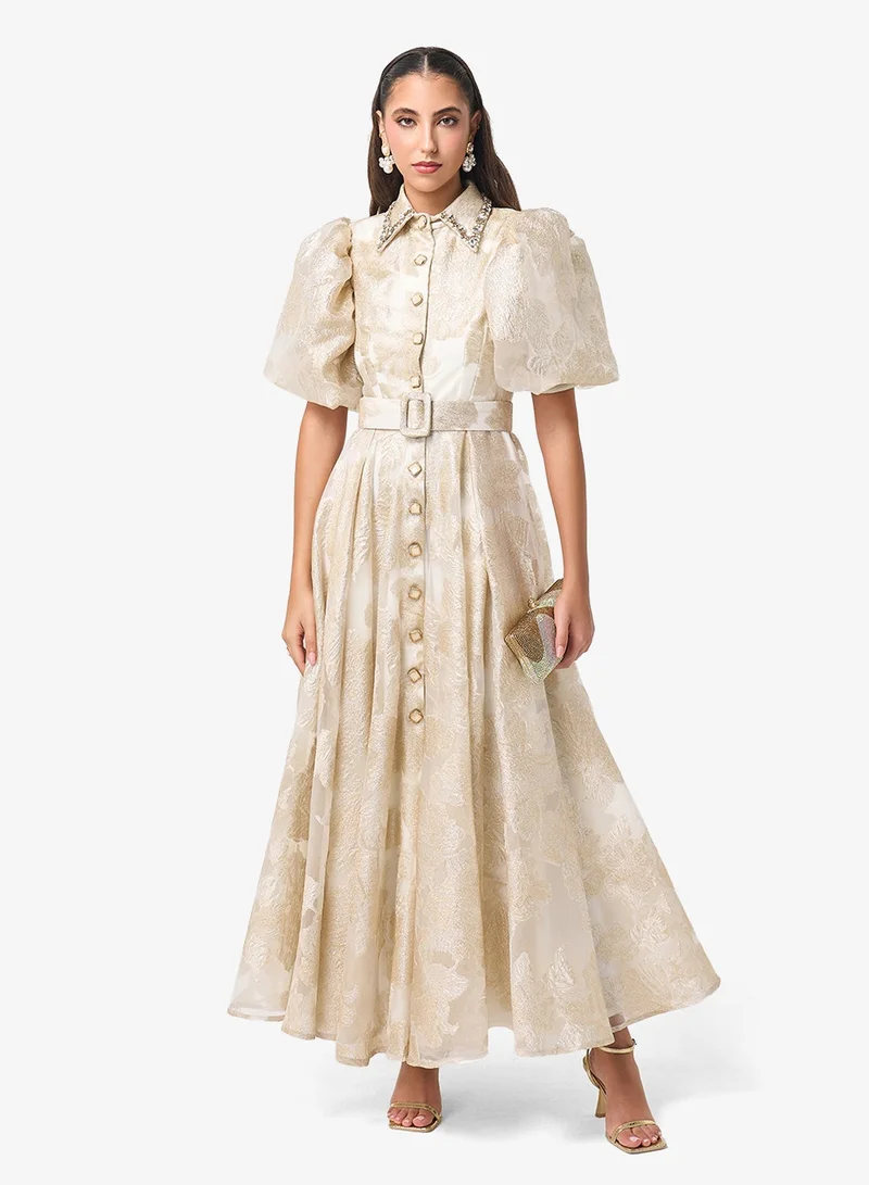 Front Button Detailing Puff Sleeve Maxi Dress