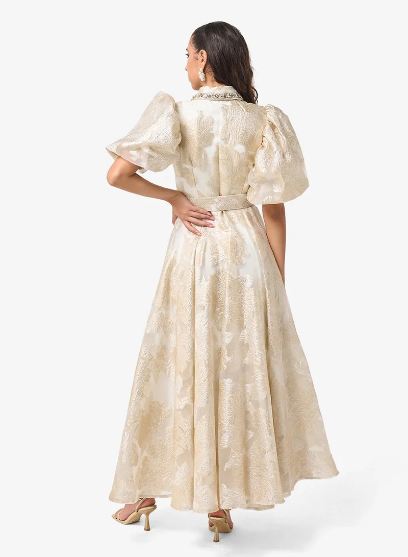 Front Button Detailing Puff Sleeve Maxi Dress