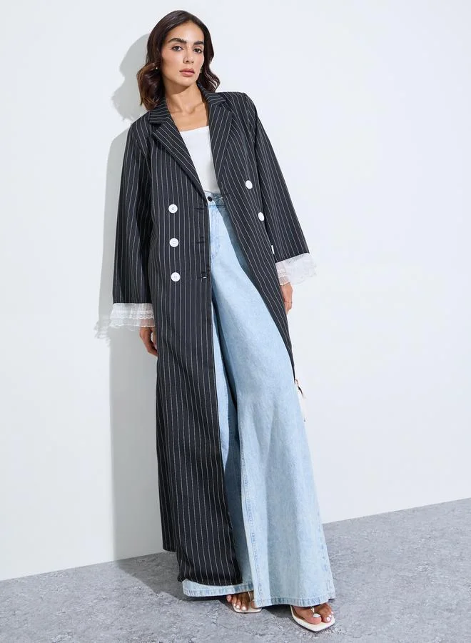 Black Striped Double Breasted Abaya with Lace Cuffs