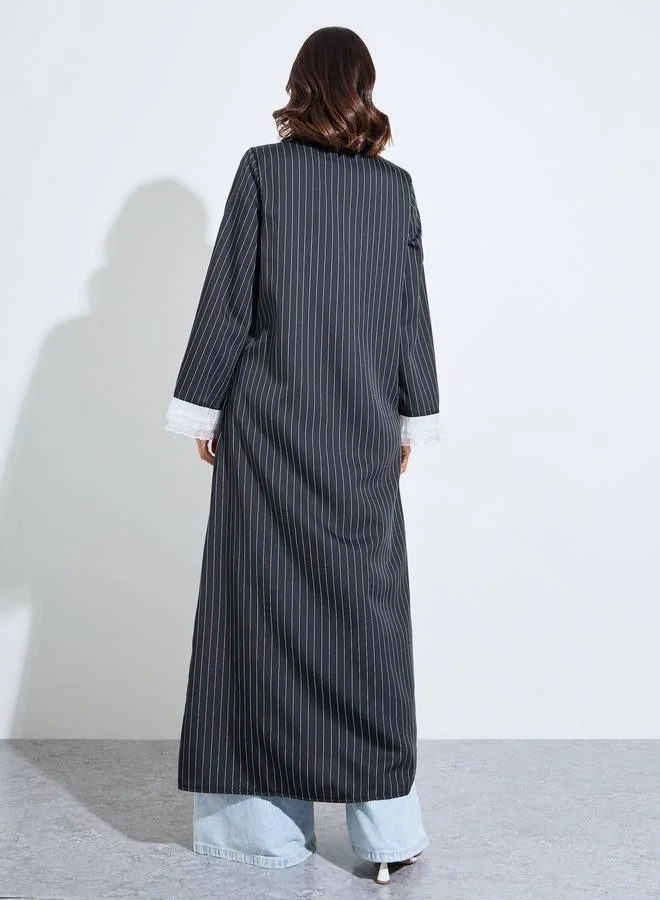 Black Striped Double Breasted Abaya with Lace Cuffs