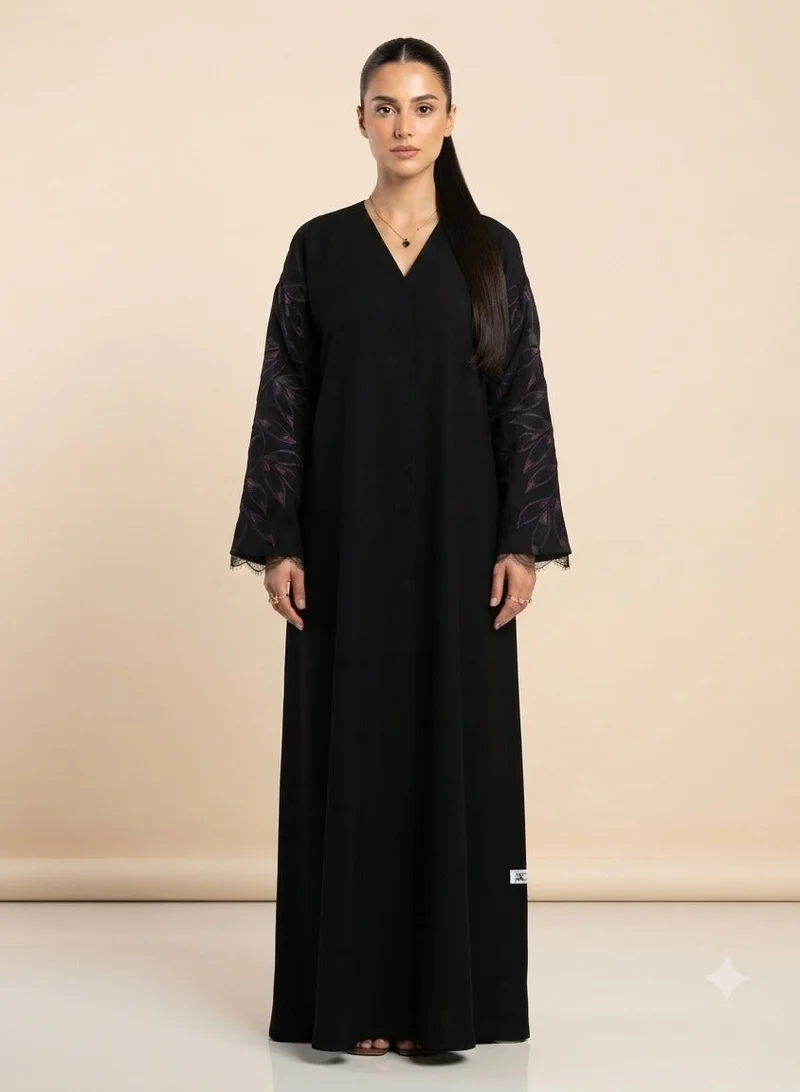 Black Nida Abaya with Embroidered Sleeves | Full Button Front