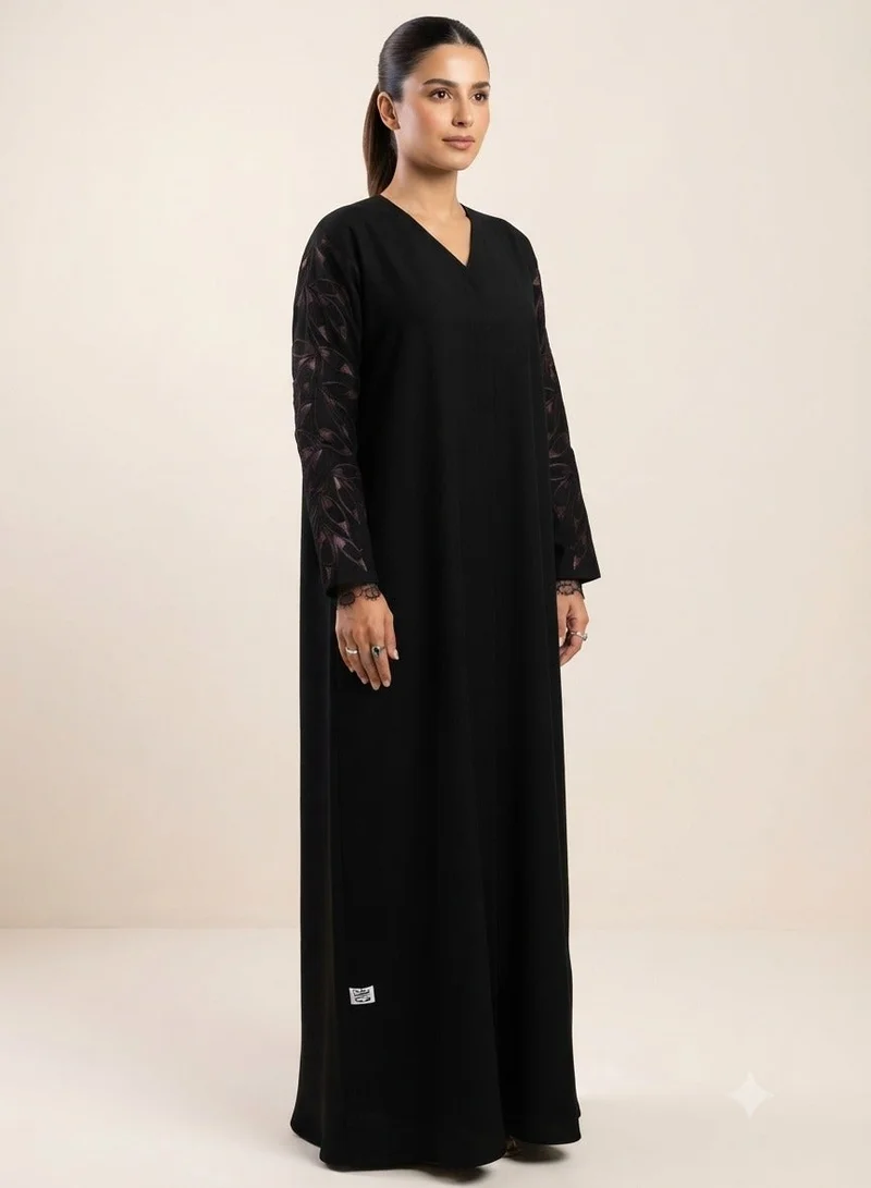 Black Nida Abaya with Embroidered Sleeves | Full Button Front