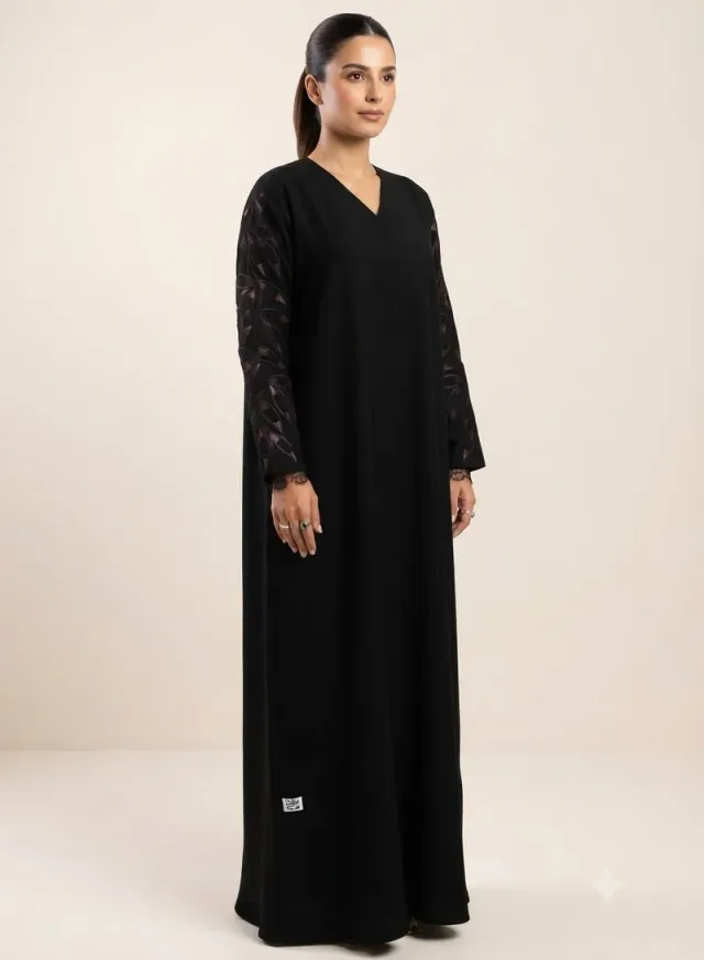 Black Nida Abaya with Embroidered Sleeves | Full Button Front – image 2