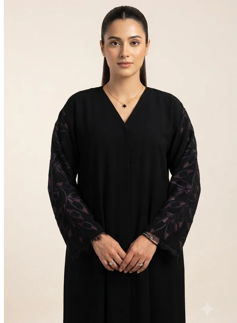 Black Nida Abaya with Embroidered Sleeves | Full Button Front