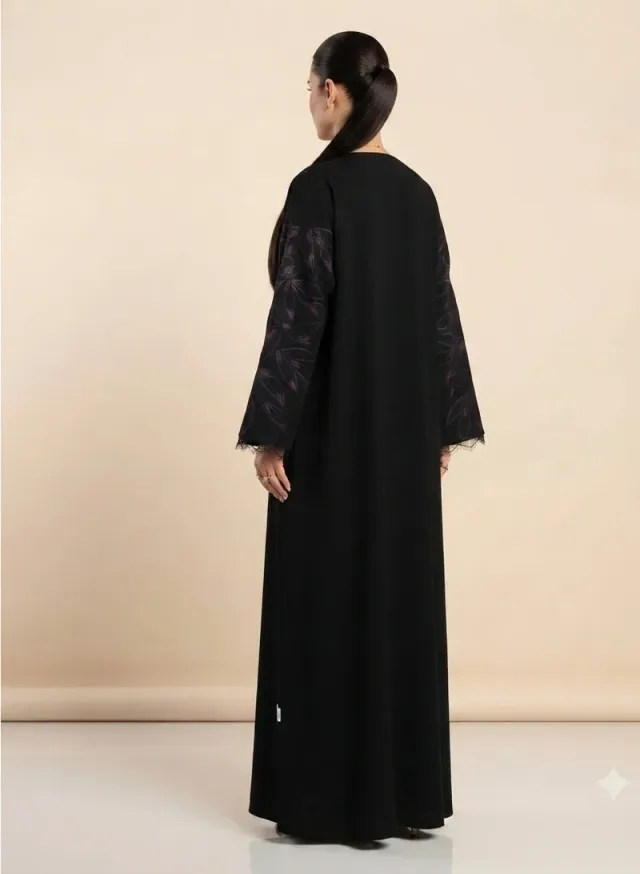 Black Nida Abaya with Embroidered Sleeves | Full Button Front – image 4