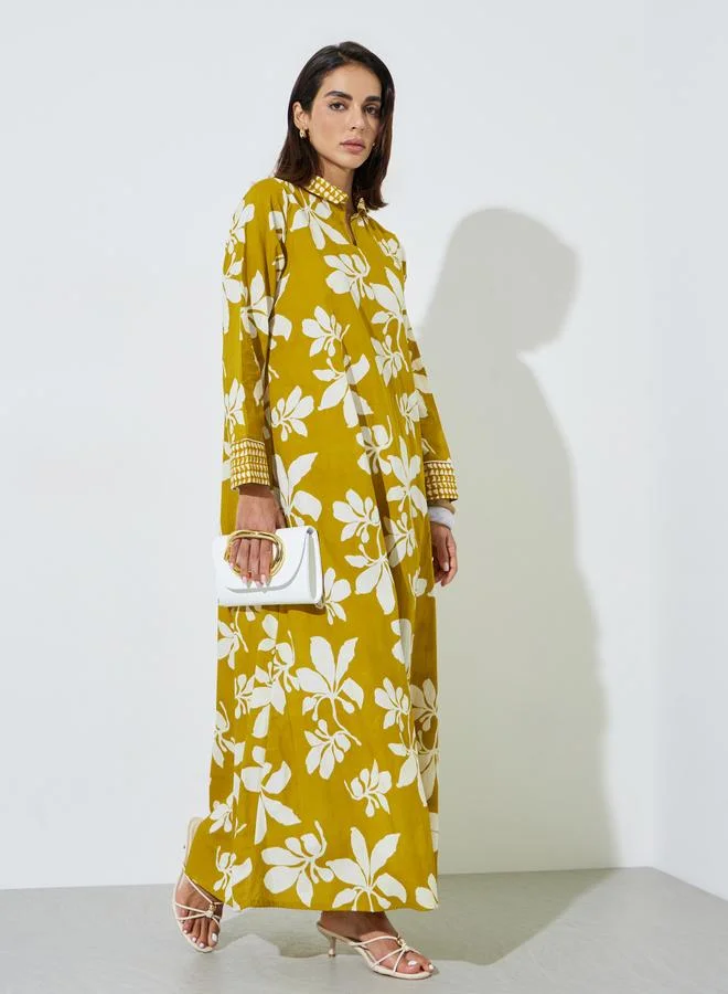 Yellow All Over Floral Print Shirt Collar Maxi Jalabiya