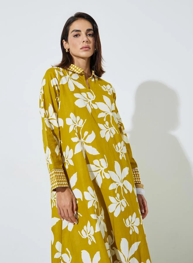 Yellow All Over Floral Print Shirt Collar Maxi Jalabiya