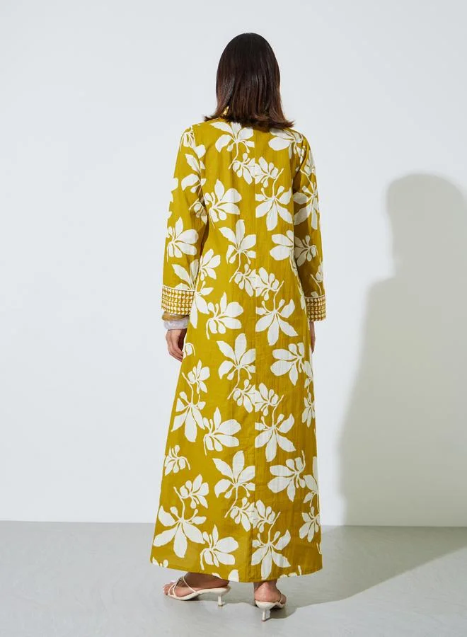 Yellow All Over Floral Print Shirt Collar Maxi Jalabiya