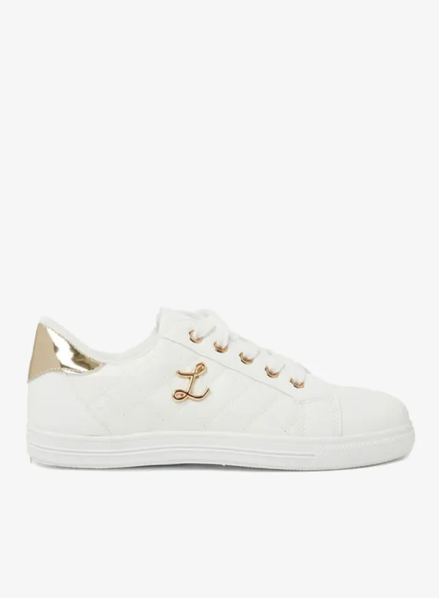 White Quilted PU Lace-Up Sneakers