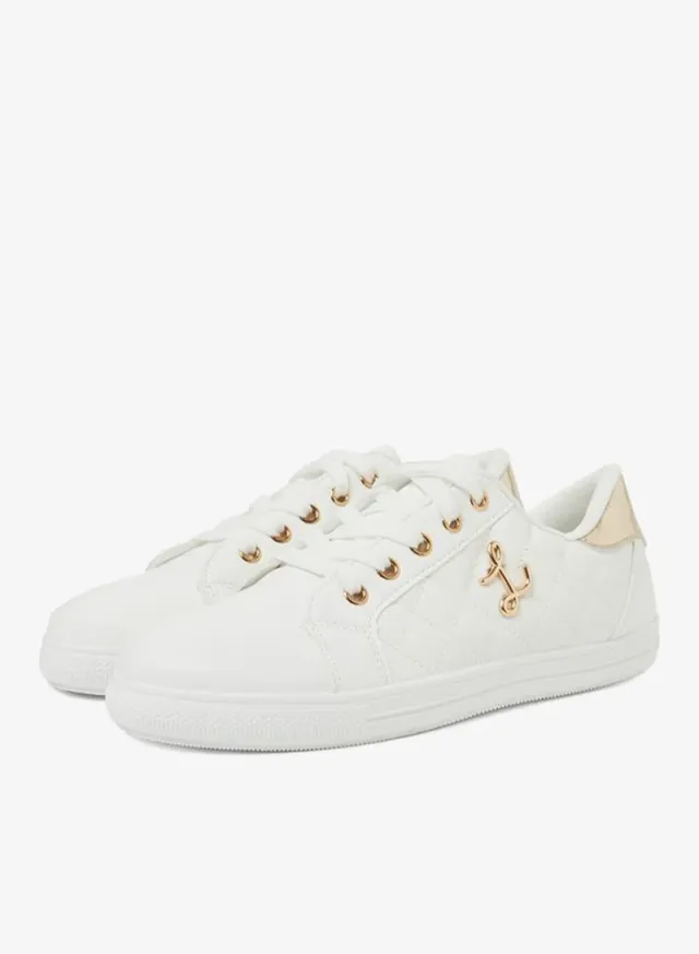 White Quilted PU Lace-Up Sneakers – image 2