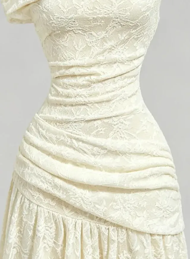 Cream Off-Shoulder Lace Ruched Waist Maxi Dress – image 5
