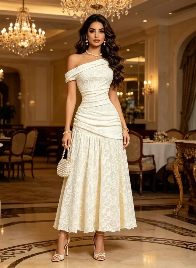 Cream Off-Shoulder Lace Ruched Waist Maxi Dress