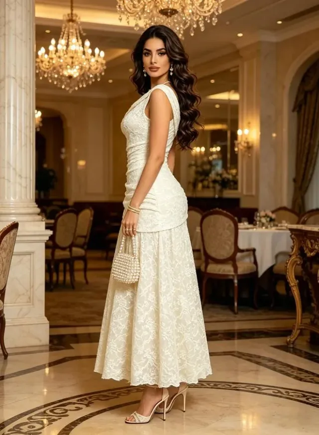 Cream Off-Shoulder Lace Ruched Waist Maxi Dress – image 2