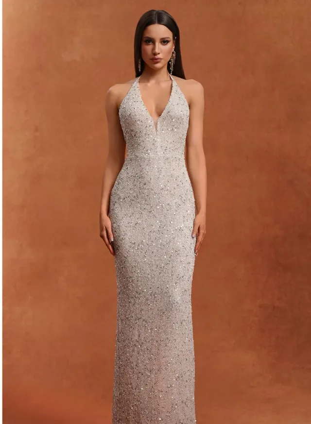 Ibbie Halter Sleeveless V-Neck Diamond Maxi Dress