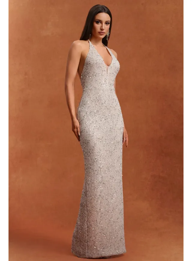 Ibbie Halter Sleeveless V-Neck Diamond Maxi Dress – image 5