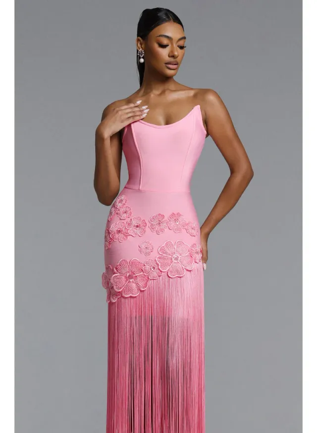 Ezgi Chic Contour Strapless Floral Fringe Bandage Maxi Dress – image 2