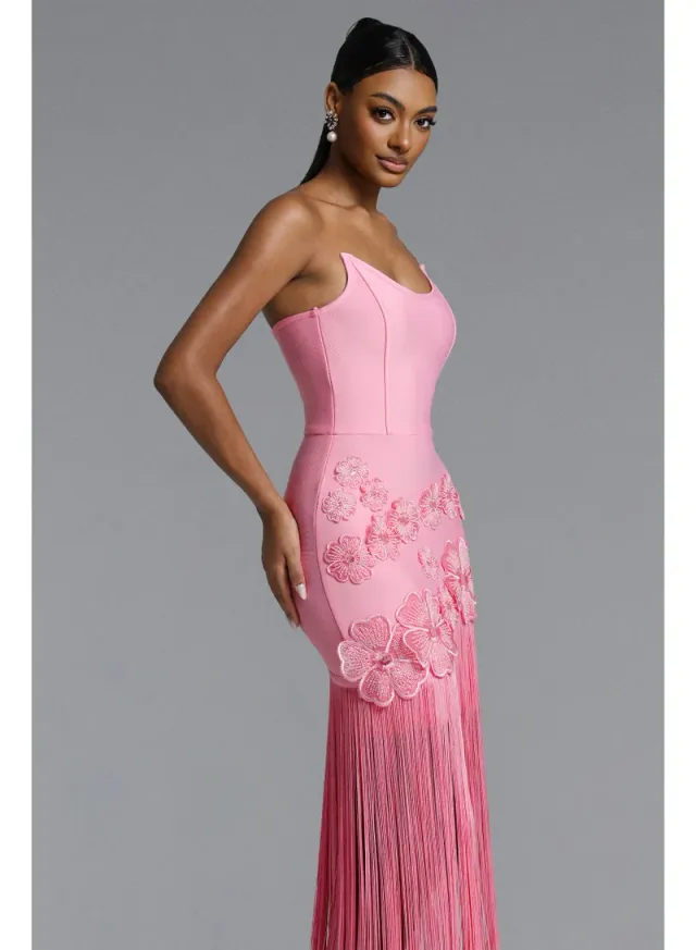 Ezgi Chic Contour Strapless Floral Fringe Bandage Maxi Dress – image 4