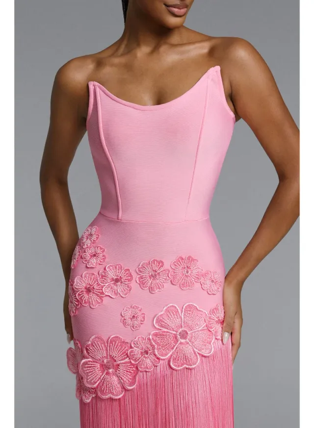 Ezgi Chic Contour Strapless Floral Fringe Bandage Maxi Dress – image 5
