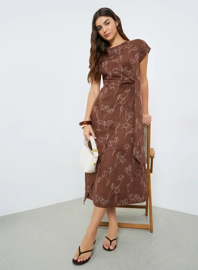 Brown Floral Print Wrap Tie Midi Dress