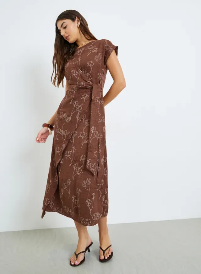 Brown Floral Print Wrap Tie Midi Dress – image 3