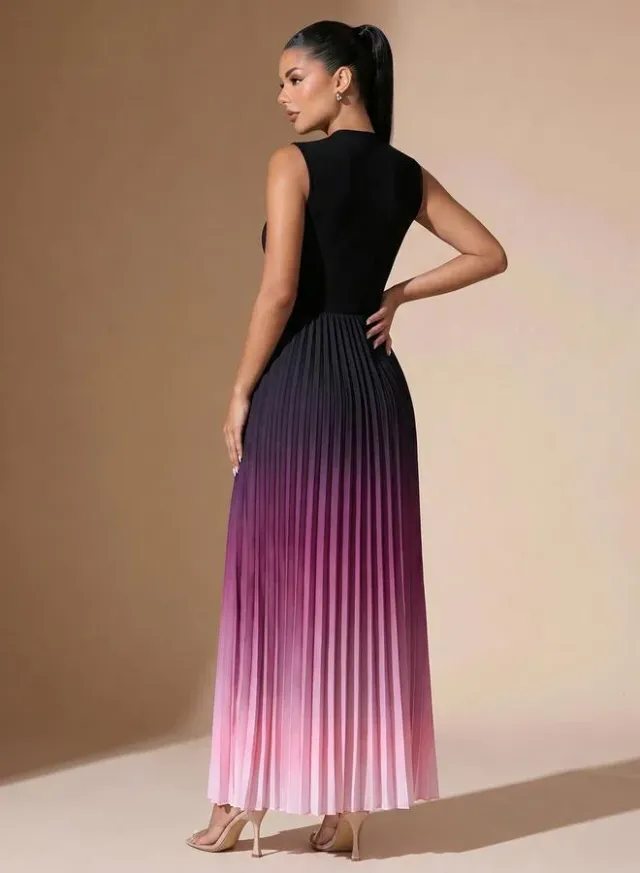 Black Ombre Pleated A-Line Maxi Dress – image 3