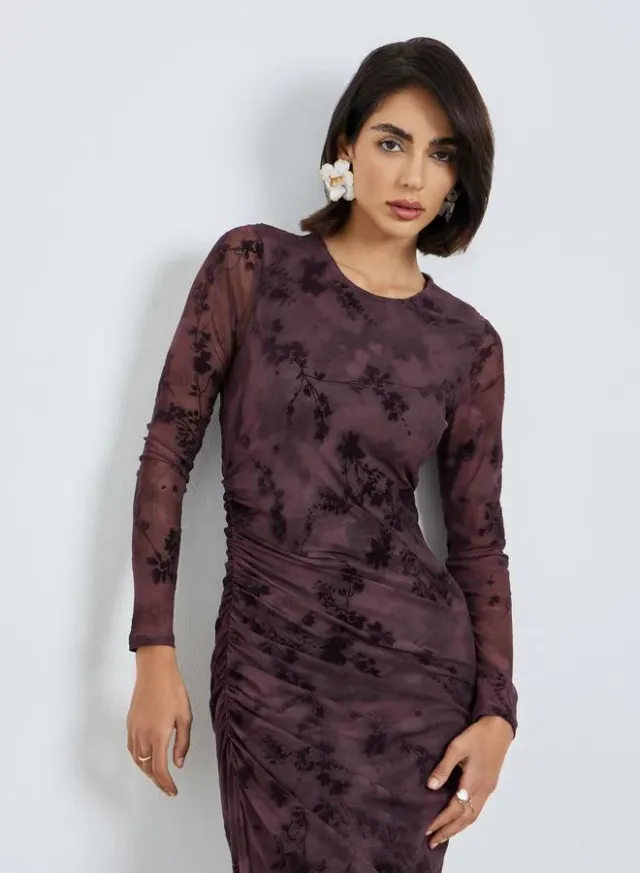 Magenta Floral Mesh Bodycon Maxi Dress – image 2
