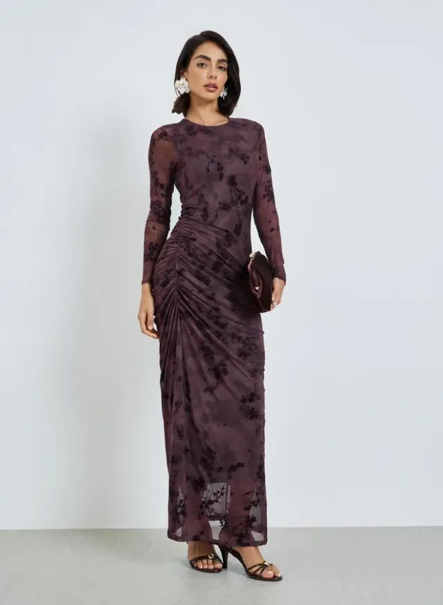 Magenta Floral Mesh Bodycon Maxi Dress