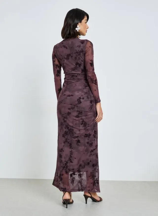 Magenta Floral Mesh Bodycon Maxi Dress – image 3