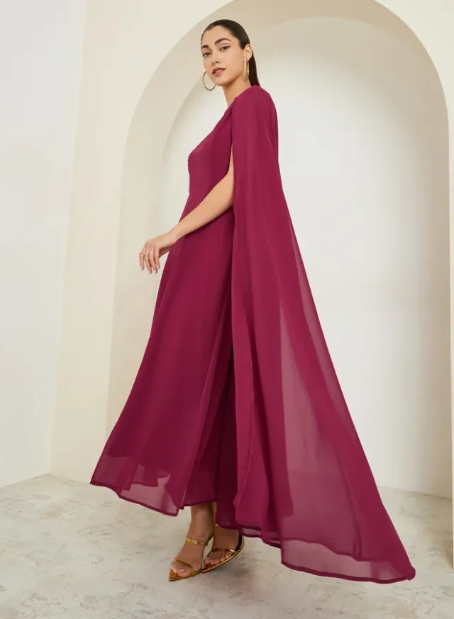Red Cape Sleeve A-Line Maxi Dress