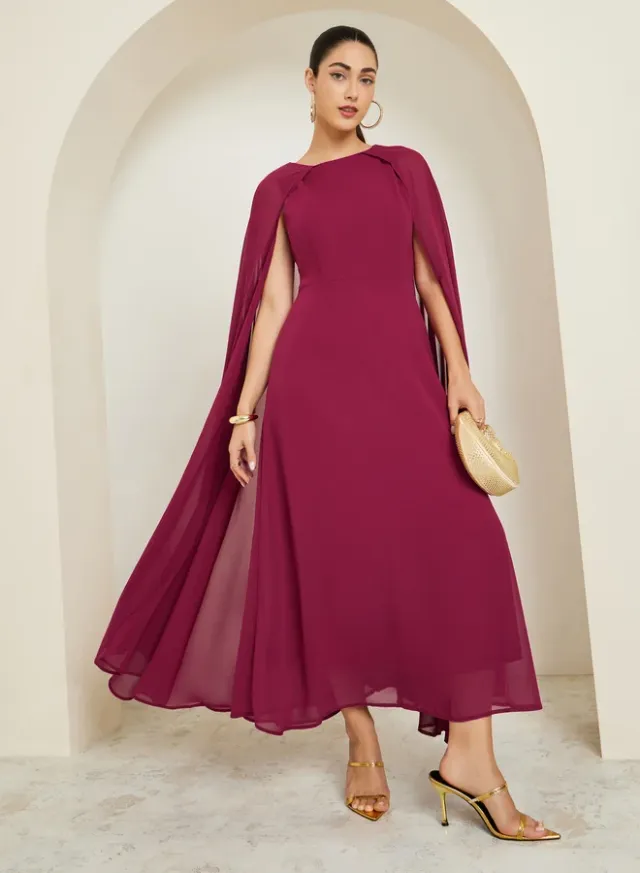 Red Cape Sleeve A-Line Maxi Dress – image 5