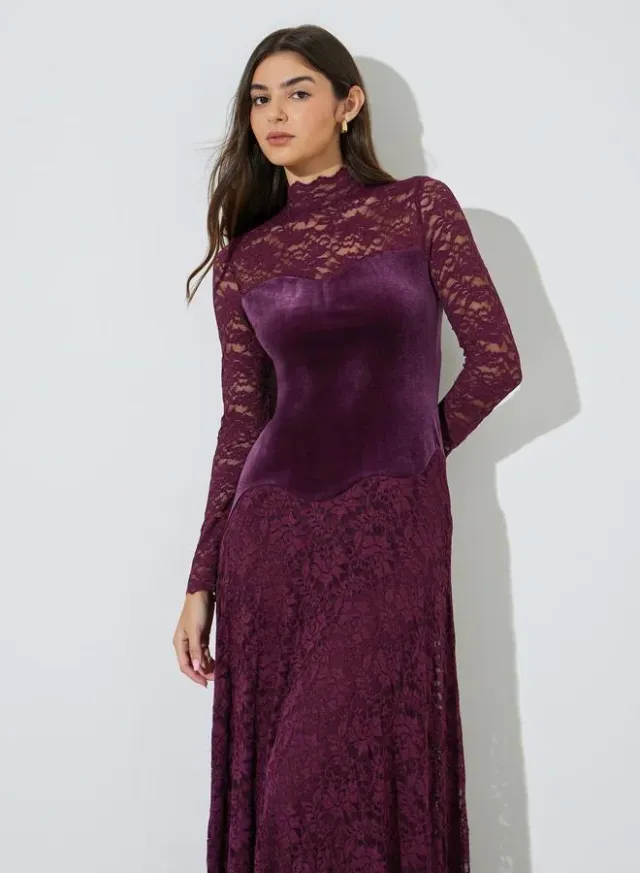 Purple High Neck Lace A-Line Maxi Dress – image 2