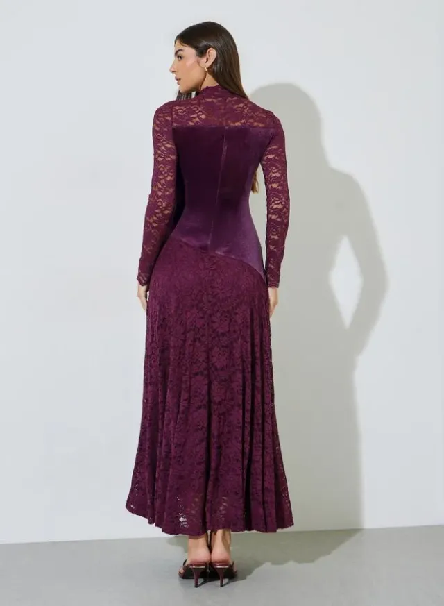 Purple High Neck Lace A-Line Maxi Dress – image 3
