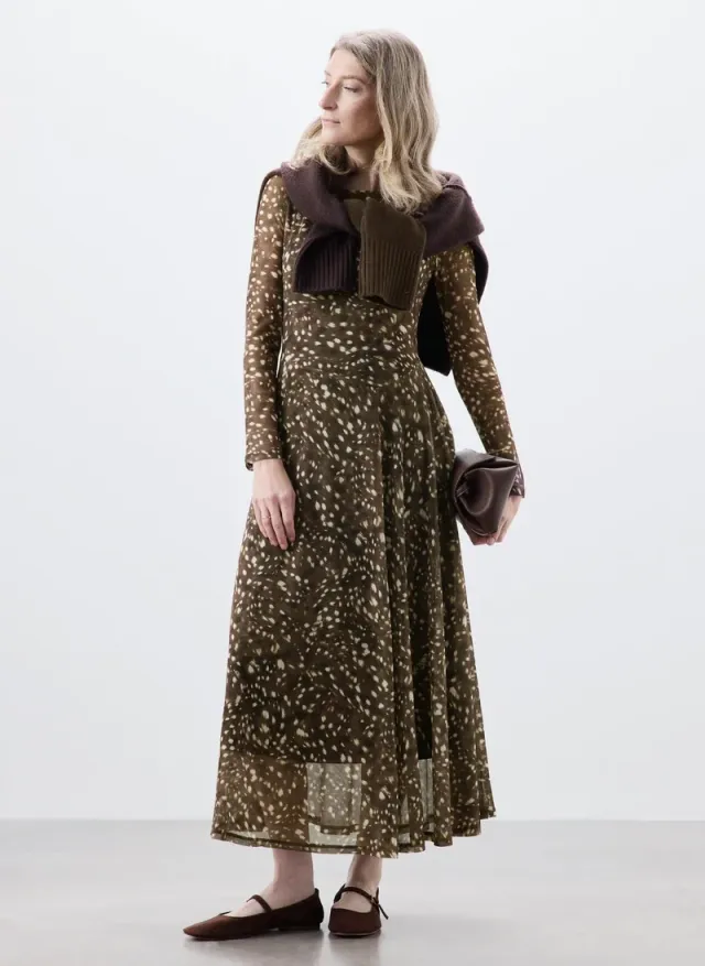 Brown Animal Print Mesh Midi Dress – صورة 4