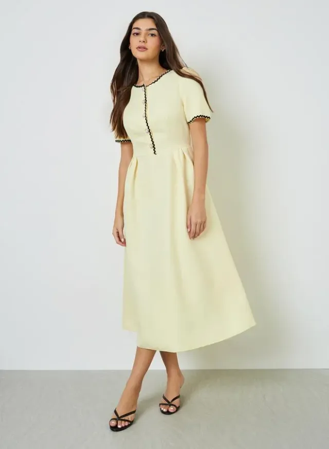 Yellow Ric-Rac Trim A-Line Midi Dress