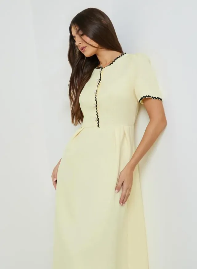 Yellow Ric-Rac Trim A-Line Midi Dress – image 2