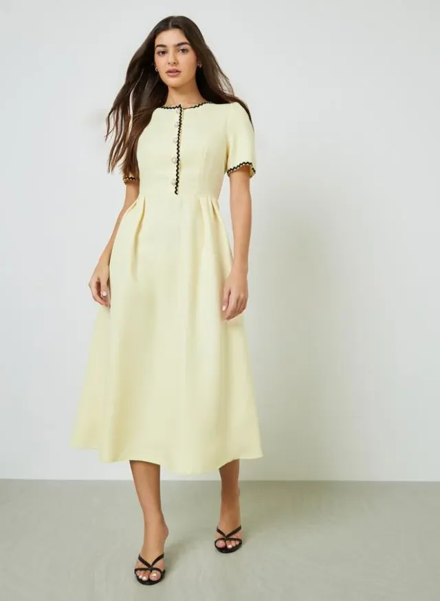 Yellow Ric-Rac Trim A-Line Midi Dress – image 3