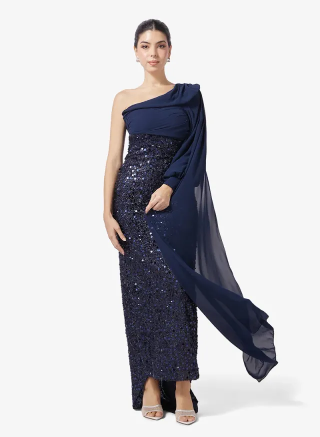 One Shoulder Drapped Dress With Shimmer Bodice