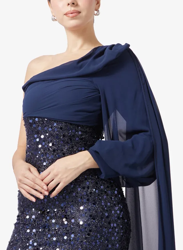 One Shoulder Drapped Dress With Shimmer Bodice – image 3