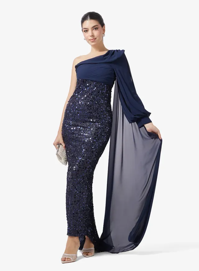 One Shoulder Drapped Dress With Shimmer Bodice – image 4